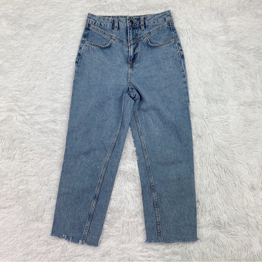 H&M Divided high waisted straight leg cropped jeans raw hem in blue